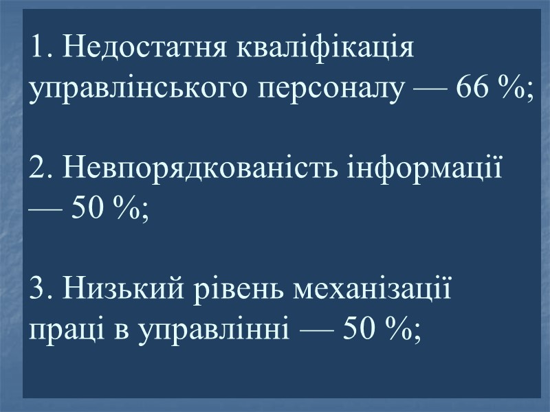 1. Недостатня кваліфікація управлінського персоналу — 66 %;  2. Невпорядкованість інформації — 50